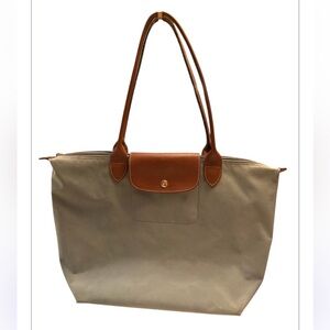 Longchamp Gray/Brown Leather and Nylon Le Pliage Tote